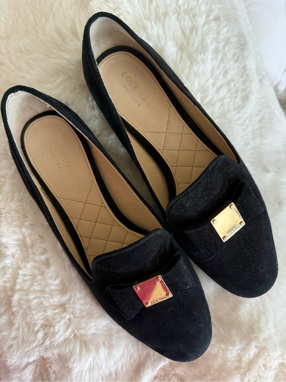 Cole Haan Black Tali Bow Suede Loafers with Gold Plaque